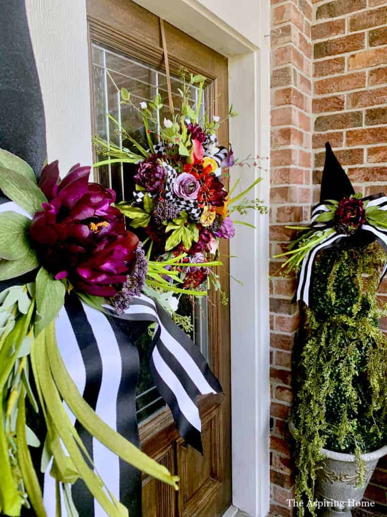 Fall front porch with witch's hat topiary DIY