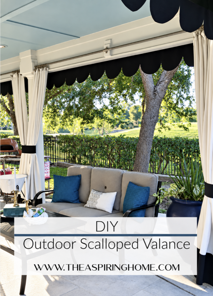Outdoor living space showcasing a scalloped valance made from outdoor fabric.