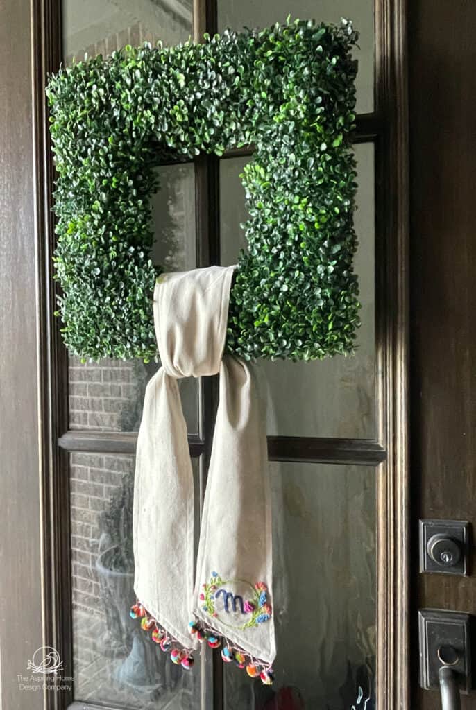 Boxwood square wreath with wreath sash from drop cloth