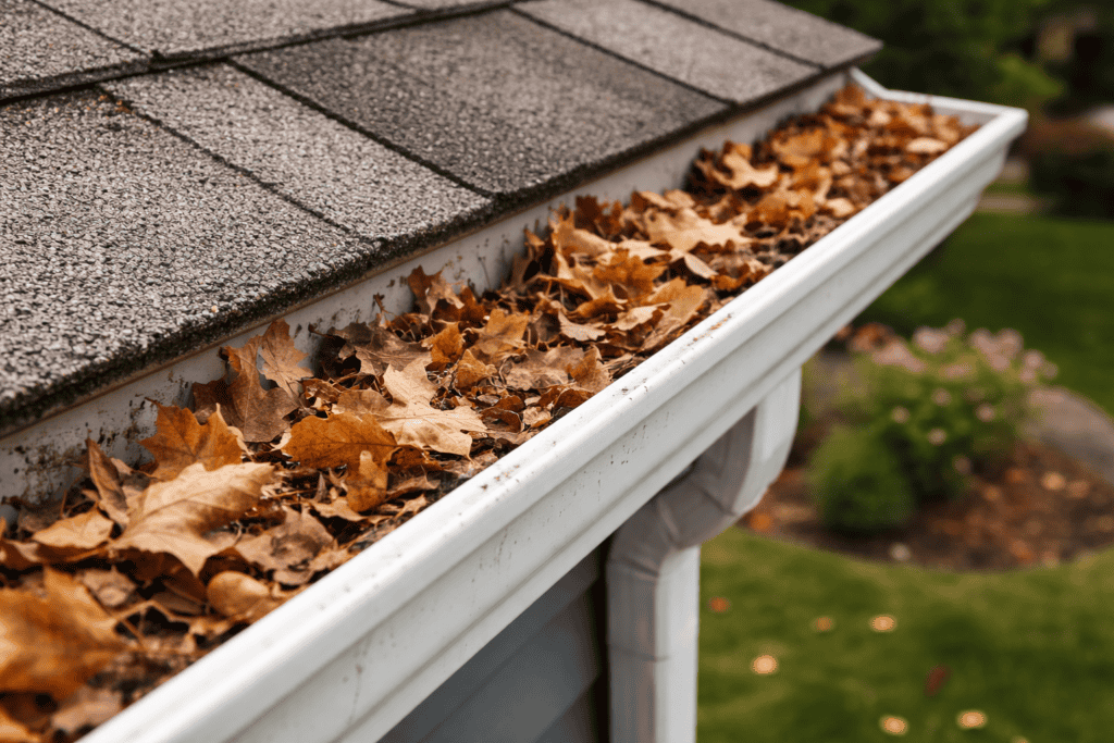 AI generated example of a clogged gutter which will lead to potential water damage.