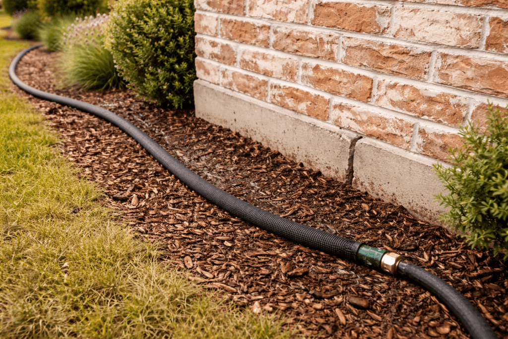 soaker hoses placed along foundation to help with foundational cracking durning summer droughts in Texas. This is a AI rendered image to be used as an example only. Spring Home Maintenance in North Texas | The Aspiring Home Interiors